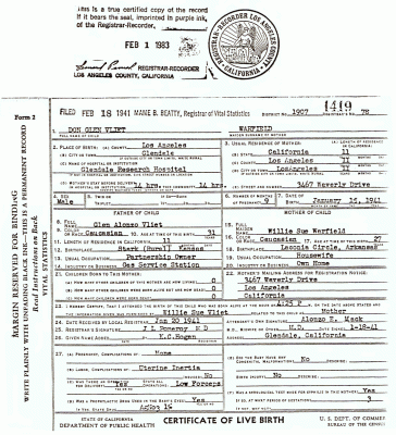 Don Van Vliet's birth certificate